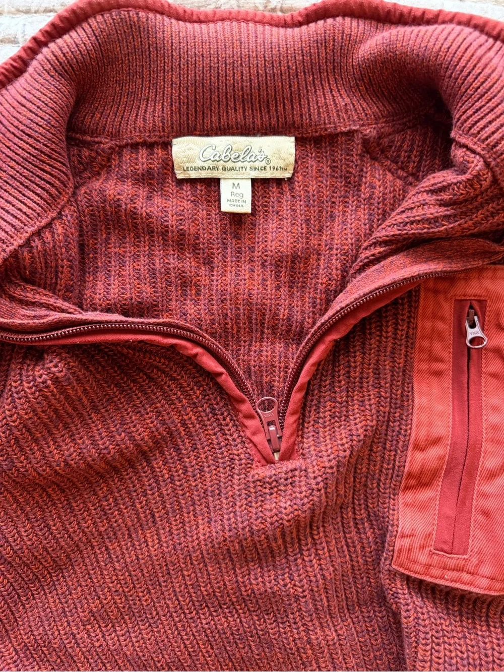 Cabela's Men's Zip Pullover Sweater in Deep Red with Brick Accents